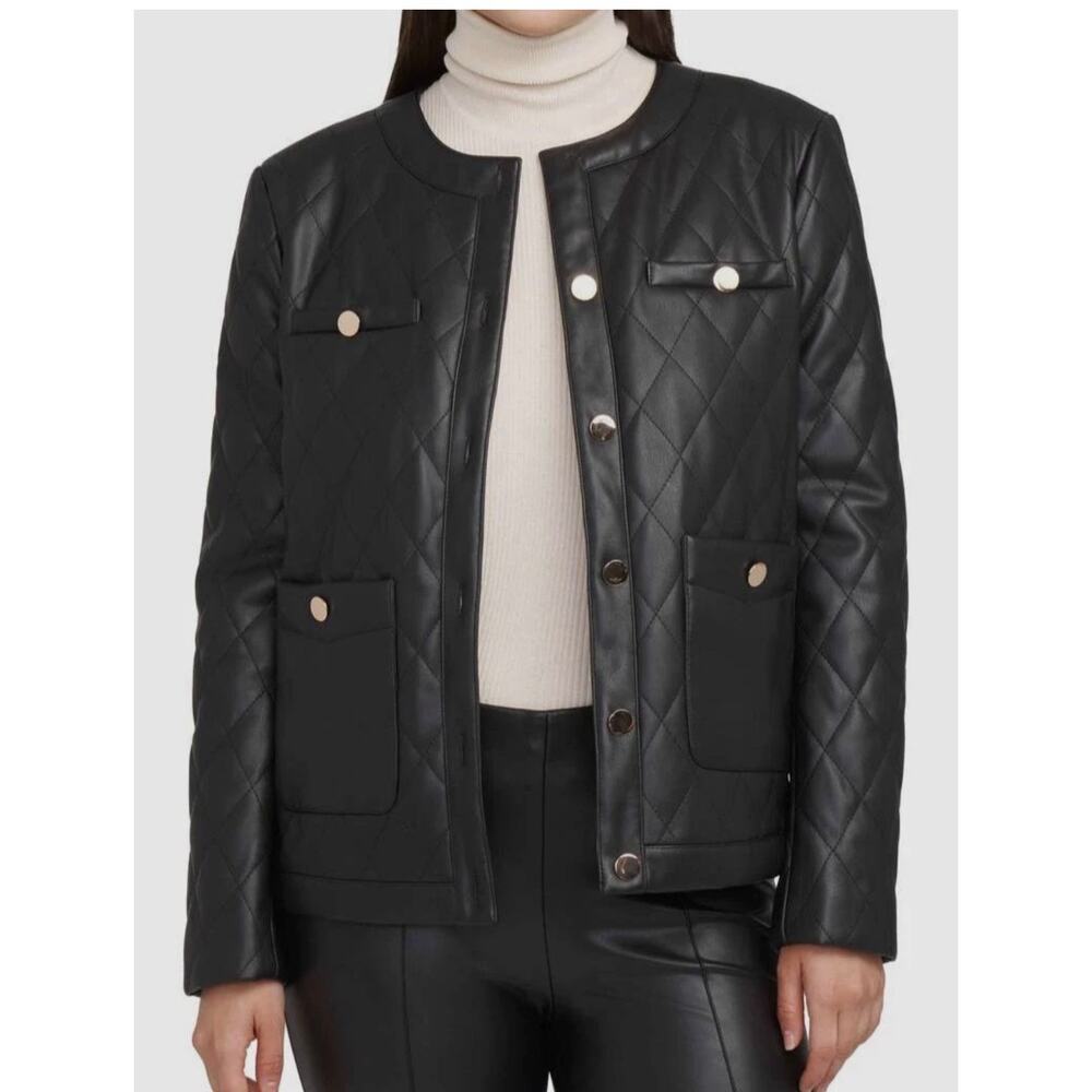 Anne Klein Medium Black Quilted Faux Leather Jacket Fully Lined Retail $209